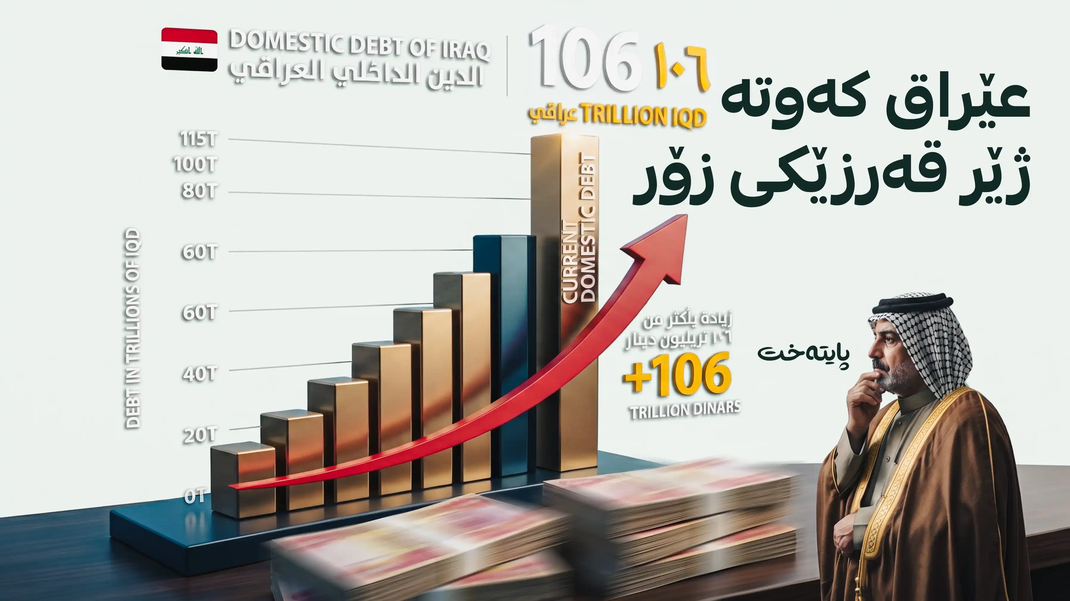 قەرزی ناوخۆییی عێراق بۆ زیاتر لە 106 ترلیۆن دینار بەرز بووەوە